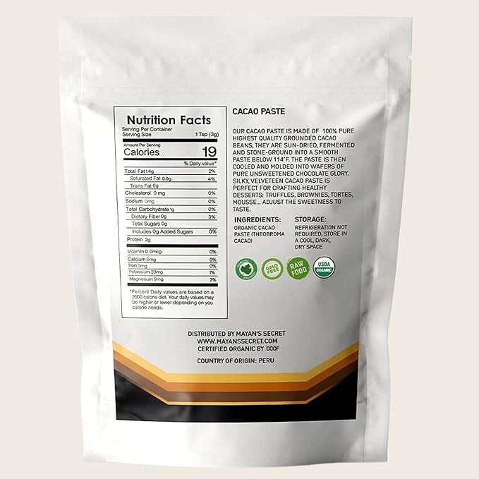 Mayan's Secret - Organic Raw Cacao Paste Wafers – USDA Certified Non-GMO Vegan &amp Gluten-Free – Easy-Melt Wafers for Chocolate Making Baking &amp Beverages – Pure Stone-Ground Cacao (1 Pound (P