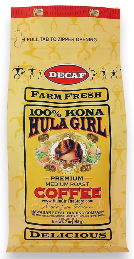 HULA GIRL 100% KONA COFFEE Grown in Hawaii Hand Picked Sun Dried Fresh Roasted and Packed in Hawaii for 30 years (7 Ounce (Pack of 1) 100% Kona Decaf Ground)