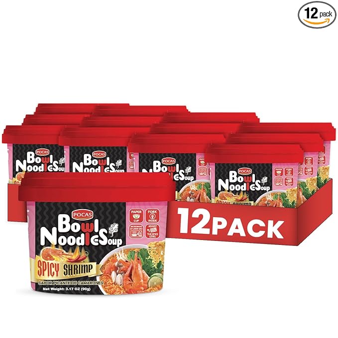 Pocas Bowl Noodle Soup Spicy Shrimp 12-Pack Microwavable Instant Noodles Bowl 3.17 Oz Ea