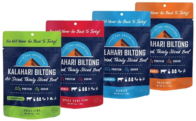 Variety Pack Kalahari Biltong Air-Dried Thinly Sliced Beef 2oz (Pack of 4) Sugar Free Gluten Free Keto &amp Paleo High Protein Snack
