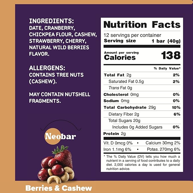 NEOBAR Fruit and Nut Bars - Plant-Based Vegan Snack Bars Gluten Free Dairy Free Snacks No Added Sugar No Preservatives Non-GMO | Berries &amp Cashew12 Count