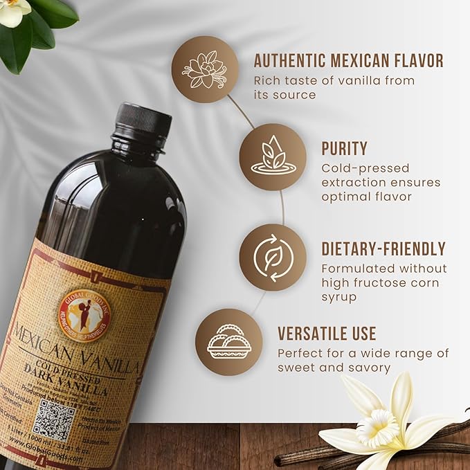 Pure Dark Mexican Vanilla Extract Gluten-Free Vanilla for Baking Cakes Cookies Desserts Coffee &amp Beverages (1 Liter / 33.81 fl oz) – Natural No Coumarin Bold Flavor