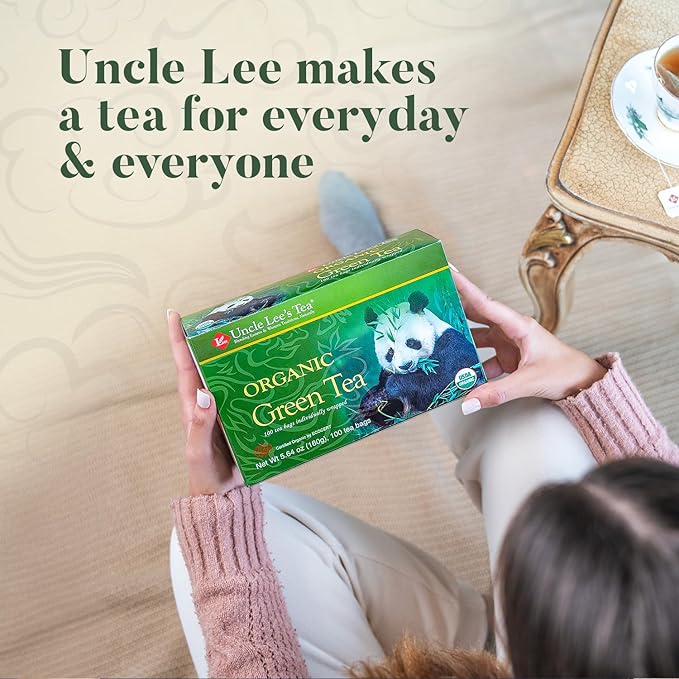 Uncle Lee's Organic Green Tea Bags 4-Pack 106-Count Super Packs – Bright &amp Refreshing Lightly Caffeinated Bulk Tea for Home Office Camping