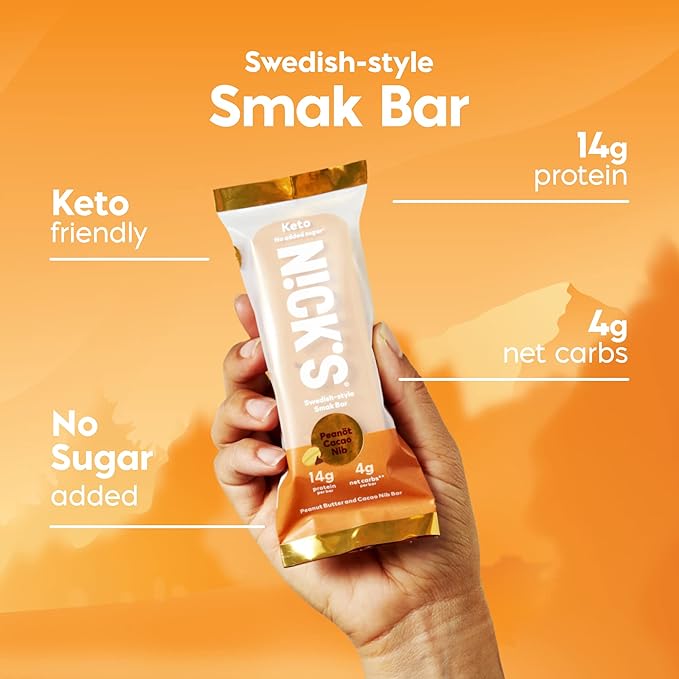Nick's Smak Bar Protein Bar Peanut Cacao Nib Eat Cold No Added Sugar Protein Keto Snack 14g Protein 6g net carbs 8 Count