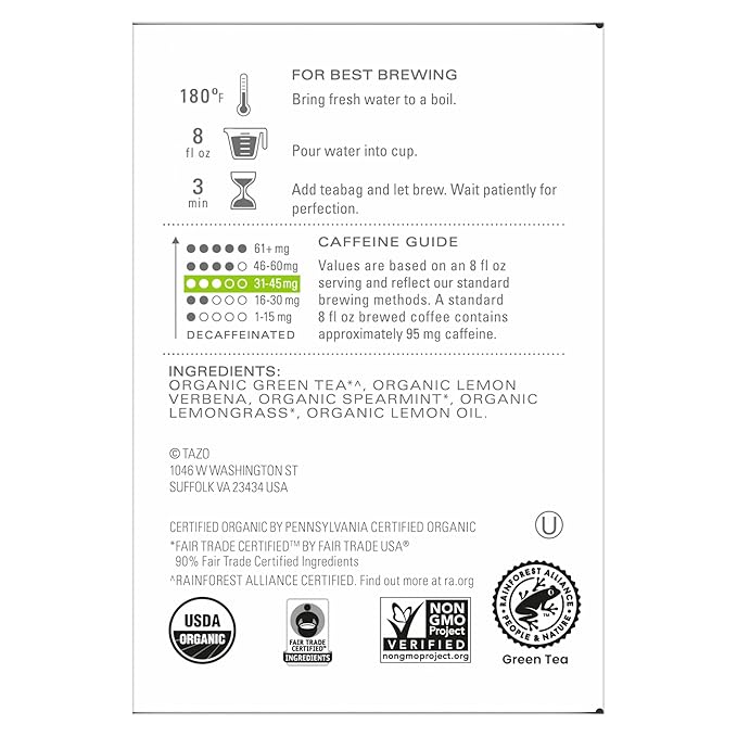 TAZO Organic Zen Green Tea Bags Caffeine Free Tea with Refreshing Lemongrass &amp Spearmint 144 Total Tea Bags (36ct - Pack of 8)