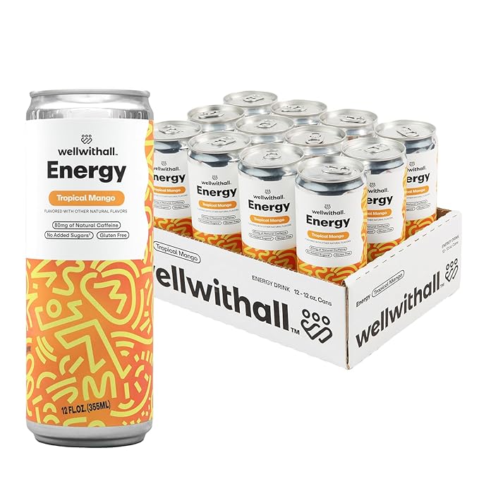 WellWithAll Tropical Mango Energy Drink – Caffeine from Tea – With Vitamin C – Lightly Sparkling Beverage – Fruit &amp Veggie Juice Blend – 12 Oz (Pack of 12)