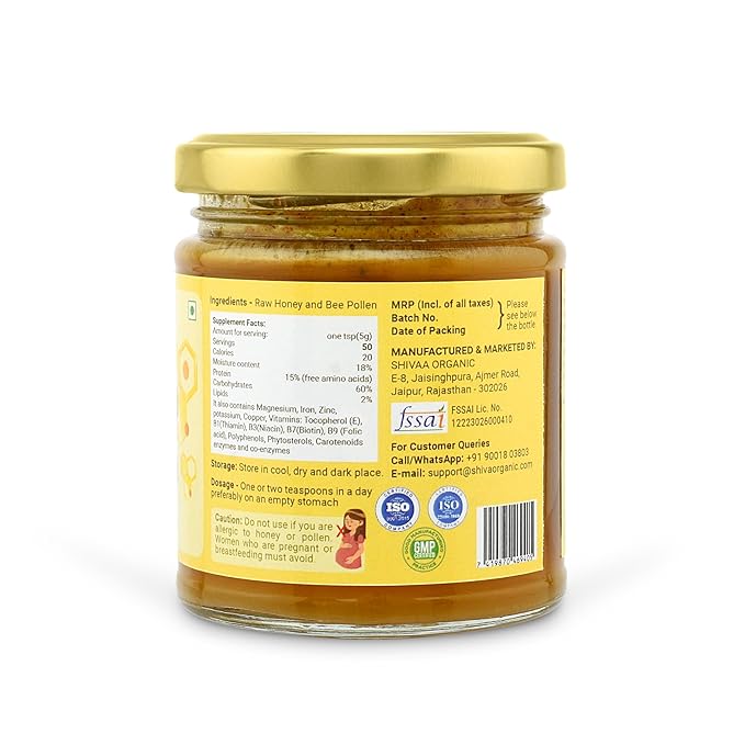 Shiva Organic Honey with Bee Pollen (250g) - Pure Honey Infused with Nutrient-Rich Bee Pollen - Natural Sweetness and Immune Support - Antioxidant-Rich Honey Blend