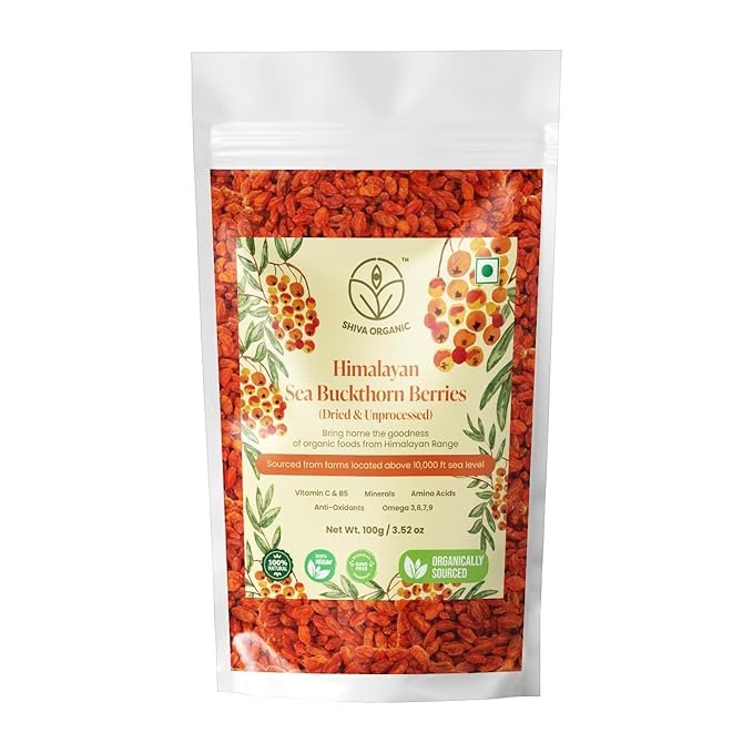 Shiva Organic Sea Buckthorn Berries Dried Whole Himalayan Sourced USDA Certified Organic Vegan Sun Dried No Additives (3.52 oz (100 g))