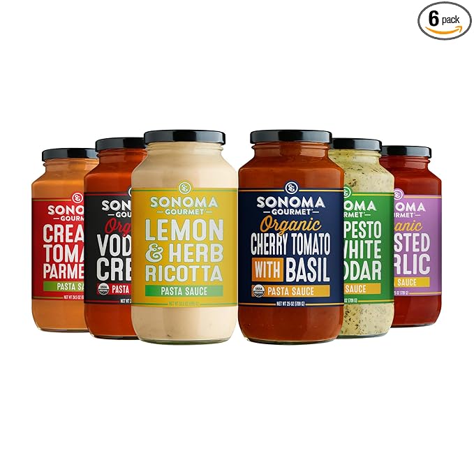 Sonoma Gourmet Pasta Sauce Variety Pack – Non-GMO No Sugar Added – 6 Chef-Crafted Flavors – 25oz Jars