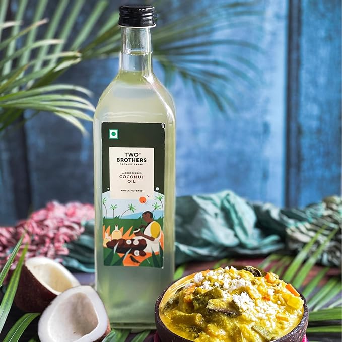 Two Brothers Organic Farms Wood Pressed Coconut Oil Kacchi Ghani/Mara Chekku Natural and Unrefined 1 Ltr (1000Ltr Glass Bottle)