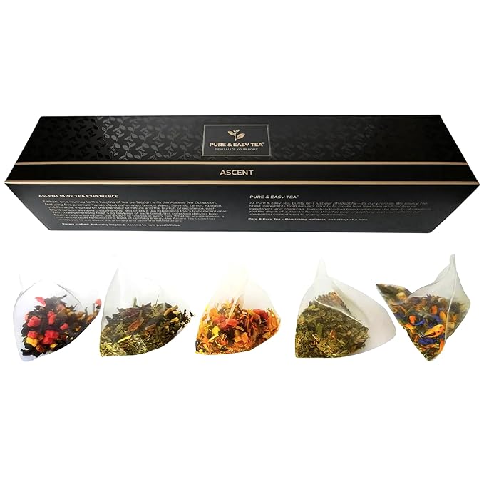 Pure And Easy Tea Ascent Premium Tea Sampler 15-Count Whole-Leaf Variety of Naturally Caffeinated Blends Designed for Focus &amp Clean Energy BPA-Free Pyramid Tea Bags Gift Box (52.5g)