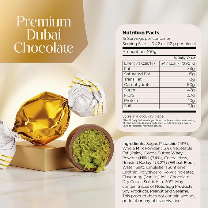 Pistazia Dubai Chocolate Balls – 8.8 oz (250g) – Premium Dubai Chocolate Pistachio Candy Gift Box in Black Metal Tin Real Chocolate