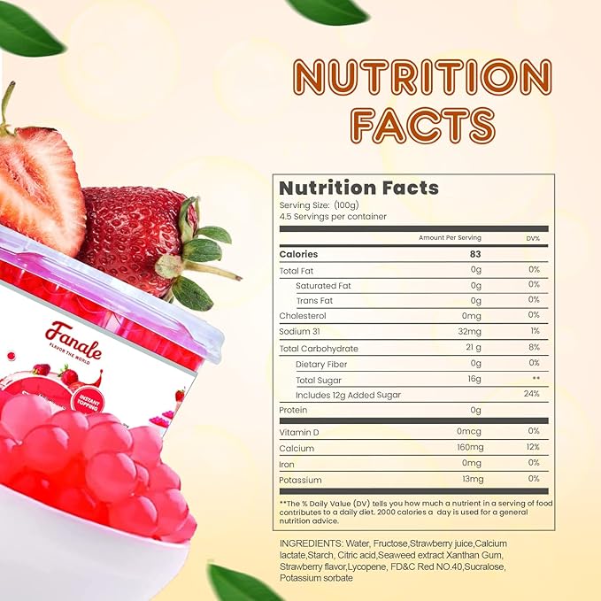 Fanale Strawberry Popping Boba Pearls Vegan Non GMO Gluten Free Fat Free Perfect for Bubble Tea Smoothies Ice Cream Desserts and Beverages.