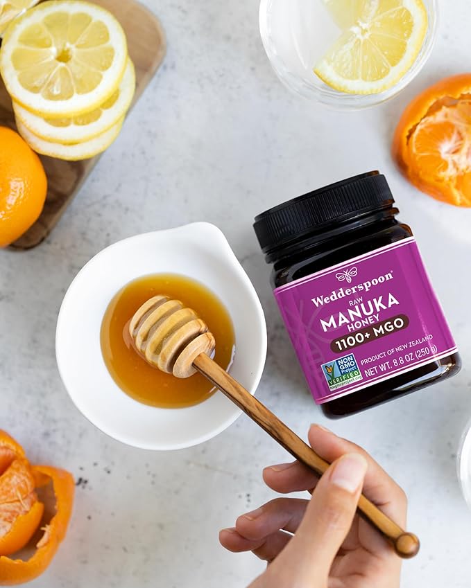 Wedderspoon Raw Manuka Honey 1100+ MGO 8.8 Oz Unpasteurized New Zealand Honey Non-GMO BPA-Free Jar Superfood &amp Natural Wellness Support