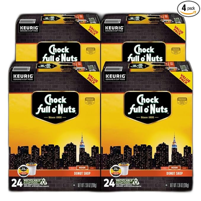 Chock Full o' Nuts Donut Shop Keurig K-Cup Pods for Keurig Brewers – Premium Arabica Medium Roast – Single Serve – 4 Packs of 24 K-Cup Pods