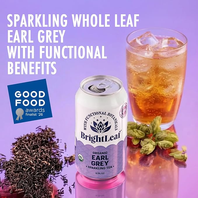 BrightLeaf Earl Grey Sparkling Tea with Functional Benefits For Focus – Regenerative Organic Lightly Caffeinated Zero Sugar Zero Calories Zero Sweeteners – 12oz Cans 12-Pack – Craft-Brewed with W