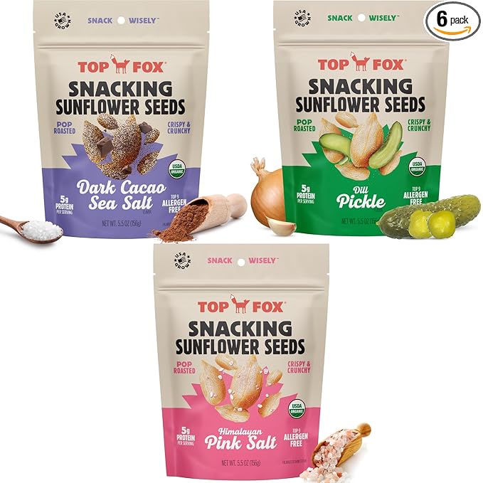 Top Fox Snacks Sunflower Seeds To Eat (Himalayan Salt Dark Cacao Salt &amp Sea Salt Dill Pickle Variety 5.5 oz Pack of 6) – Keto Friendly Snacks Gluten Free Snacks Protein Snacks &amp Vegan -