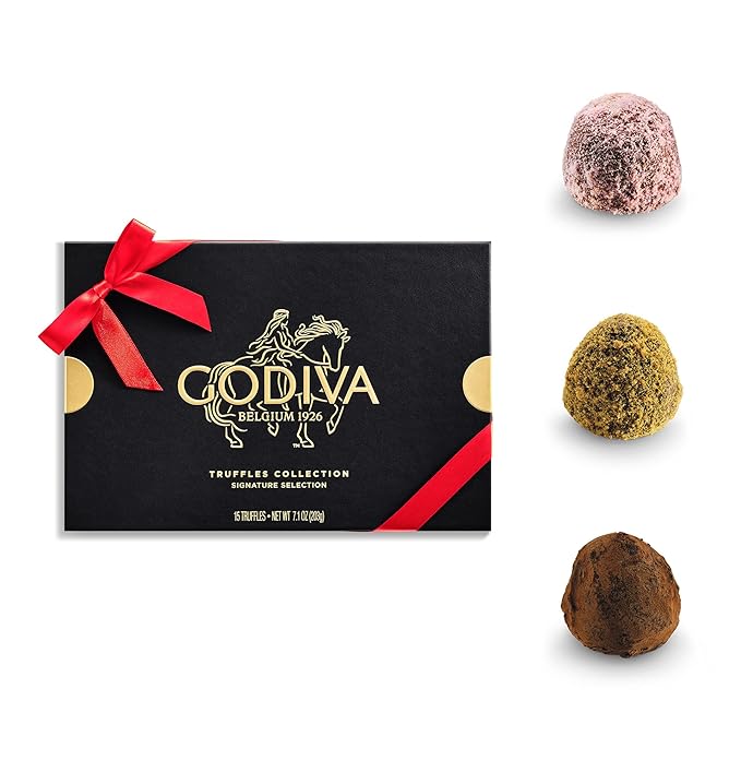 Godiva Red Ribbon Signature Truffle Gift Box Belgian Dark and Milk Chocolates with Ganache Centers Gourmet Valentine's Day Gift Kosher 15 Pc