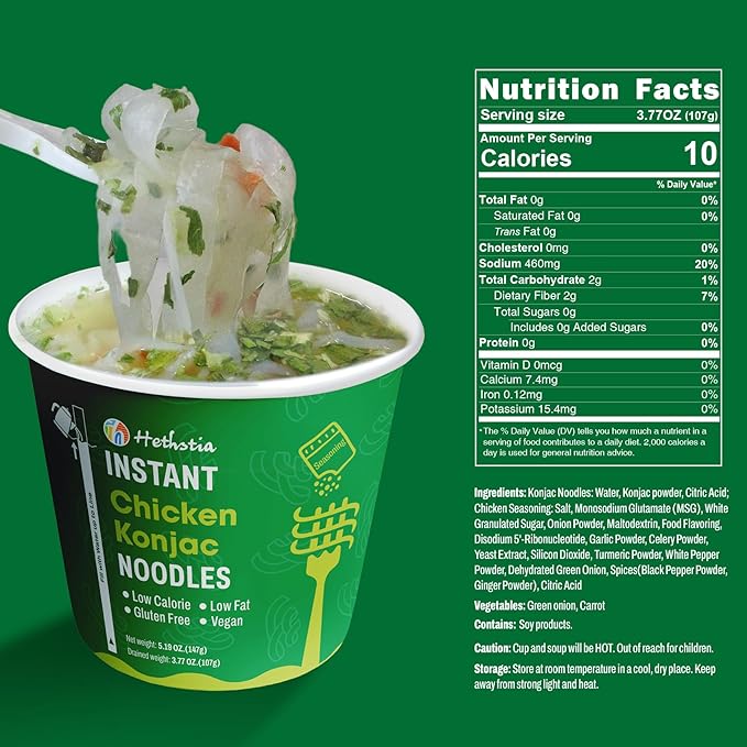 Hethstia Konjac Noodle Chicken Soup 6-Pack Instant Shirataki Noodle Soup Cups - Low-Calorie Sugar-Free Low-Carb Gluten-Free 34.32 oz Vegan Konjac Pho Pasta Chicken Broth Healthy Asian Noodles