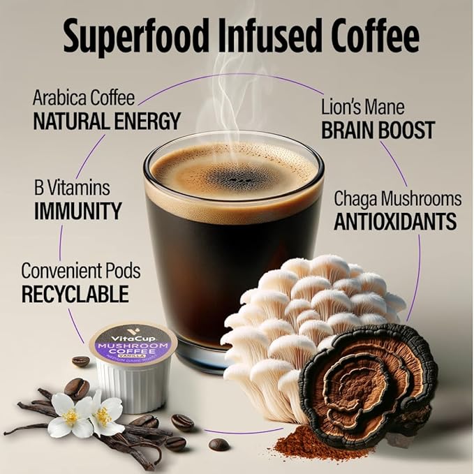 VitaCup Mushroom Coffee Pods Vanilla Flavored Coffee with Chaga Lion’s Mane Vitamins Medium Dark Roast Arabica Beans Single Serve Pods Compatible with Keurig K-Cup Brewers 64 Ct