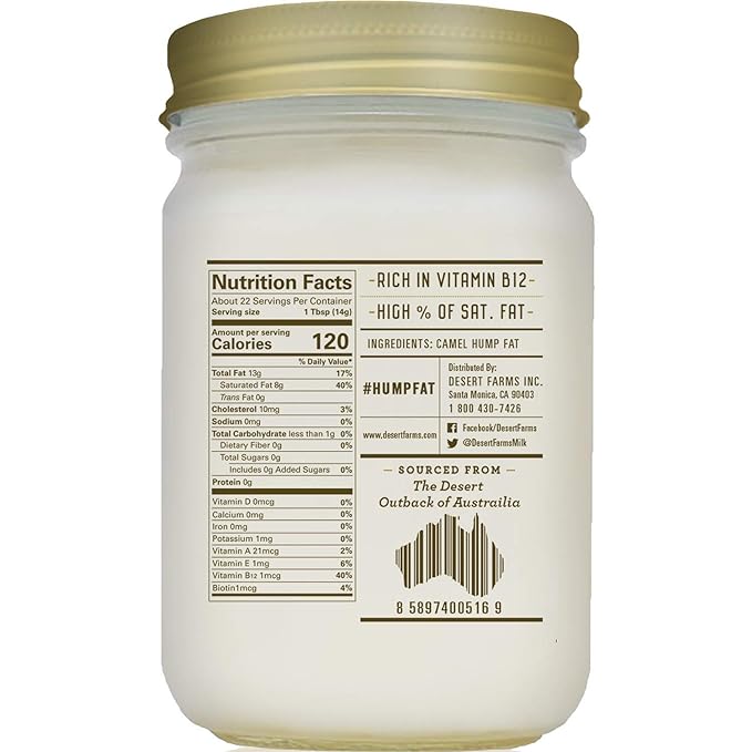 Desert Farms - Real Organic Cooking Camel Hump Fat - Halal Paleo and Keto Certified - Quickly Melting Use For Fry [High Smoke Point] - 31 Fatty Acids &amp Gluten-Free - Made In The USA [14 oz]