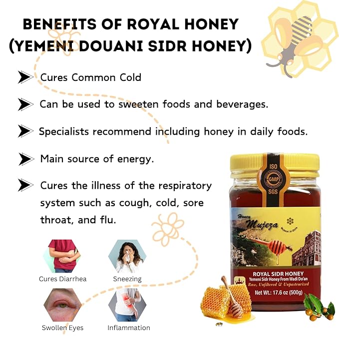 Authentic Yemen Douani Sidr Honey - Raw Royal Honey Supports Mental Health Memory and Cognition 100% Natural Raw Liquid Honey Gluten Free Glass Jar (300g / 10.6oz)