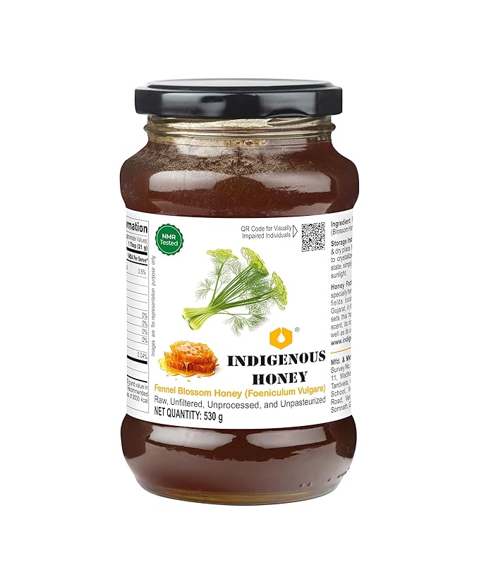 INDIGENOUS HONEY Fennel Saunf Honey Raw Organic Natural Pure Unprocessed NMR Tested Unpasteurized Unheated 530g Glass Jar Pack of 1