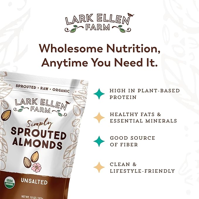 Lark Ellen Farm Organic Sprouted Almonds Unsalted – USDA Organic Raw Vegan Gluten-Free Non-GMO Paleo-Friendly Plant-Based Protein Snack Resealable Bag to Retain Freshness 10 oz (3-Pack)