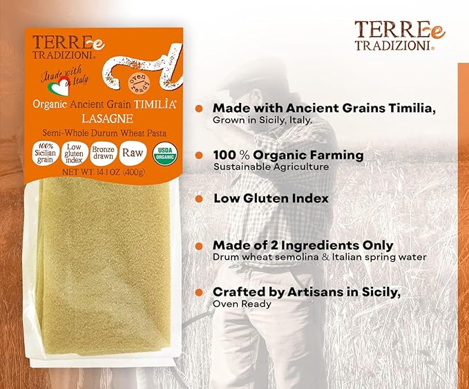 TERRE E TRADIZIONI 6 PACKS ORGANIC ITALIAN SEMI WHOLE DURUM LASAGNA PASTA – Sicilian Ancient Grain Timilia Vegan Crafted in Italy. LOW-GLUTEN INDEX. Has 6X More Fiber and Protein than Popular Grains