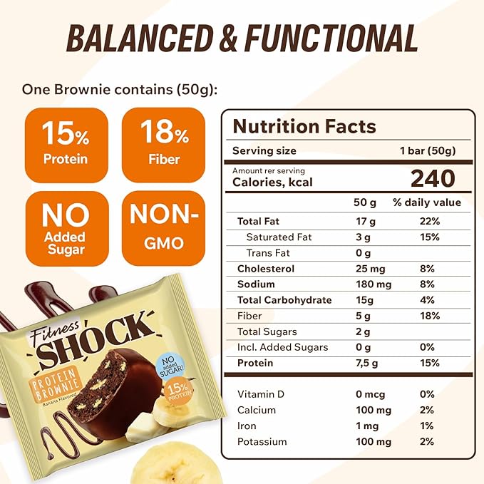 FitnesSHOCK Protein Brownies – Dark Chocolate &amp Banana Dessert Bars – Low Sugar Dessert Snack (2g Total Sugar No Added Sugar) – Healthy Snack – 10 Count