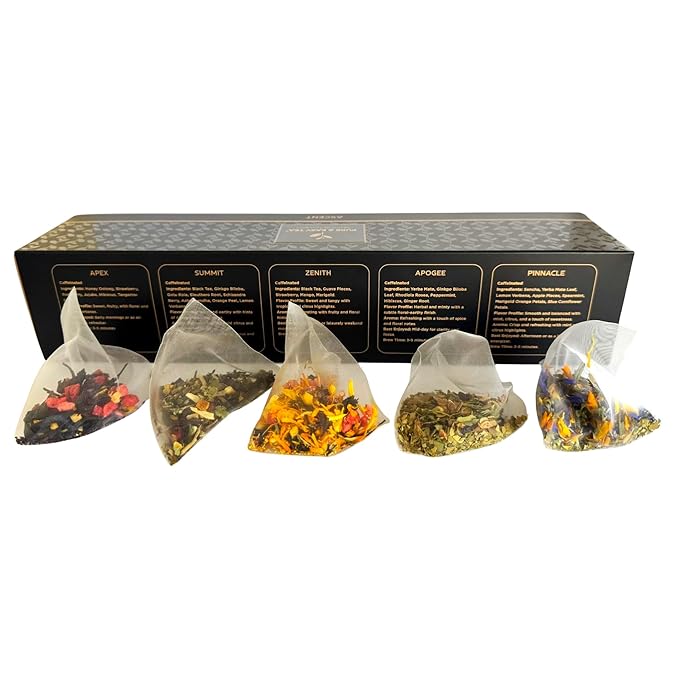 Pure And Easy Tea Ascent Premium Tea Sampler 15-Count Whole-Leaf Variety of Naturally Caffeinated Blends Designed for Focus &amp Clean Energy BPA-Free Pyramid Tea Bags Gift Box (52.5g)