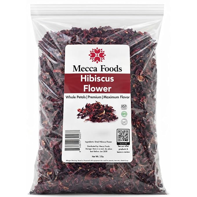 2lb Dried Whole Hibiscus Flowers and Petals Flor de Jamaica Sorrel Flower Zobo Flower perfect for Tea and Mexican Agua Fresca by Mecca Foods | perfect for Mexican Agua Fresca Tea Flor de Jamaica