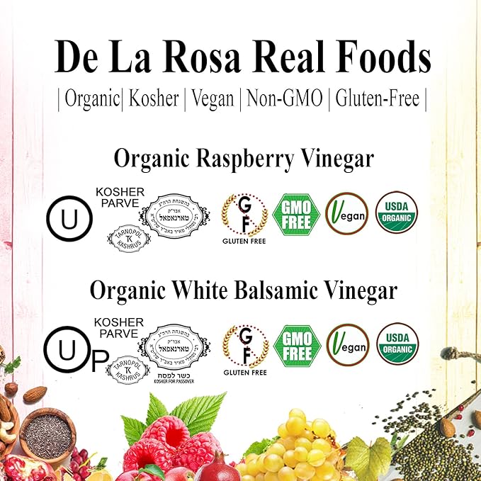 De La Rosa Organic Raspberry and White Balsamic Vinegar Vegan Kosher Non-GMO &amp Gluten Free Great for Salad Dressings Marinades and More 16.9 Oz (pack of 2)
