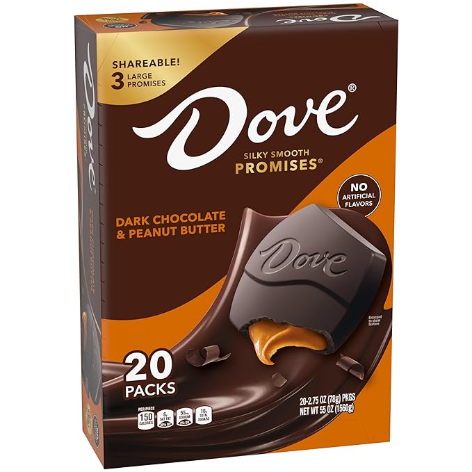 DOVE PROMISES Dark Chocolate Peanut Butter Candy Box 2.75oz Large Chocolates Individually Wrapped Bulk Pack of 20