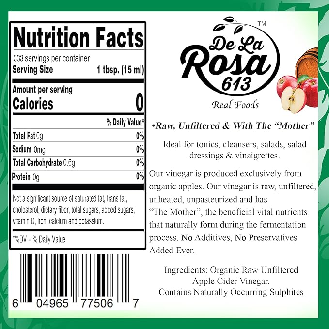 De La Rosa Organic Apple Cider Vinegar Raw &amp Unfiltered Kosher for Passover Vegan &amp Gluten Free Great for Salad Dressing &amp Marinades Apple Cider with The Mother 5 Liter (Pack of 1)