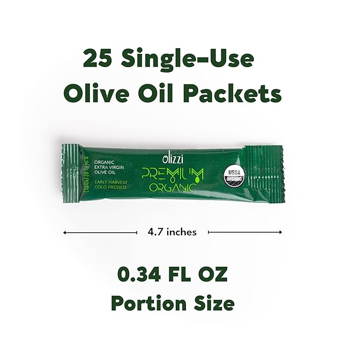 Olive Oil Packets - Olizzi Premium Organic Extra Virgin New Harvest Award Winning Early Harvest Cold Pressed USDA Organic Certified Single Serve Mini Salad Dressing To Go Individual Travel S
