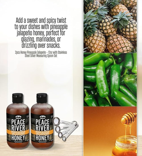 2x Peace River Honey Honey Pineapple Jalapeno 12 OZ Bundle with Measuring Spoon Set – Sweet and Spicy Blend with Pineapple Heat Plus Stainless Measuring Tools – Gift Set (3 Items)