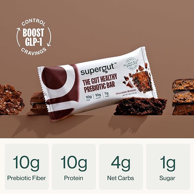 Supergut GLP-1 Boosting Prebiotic Bars Chocolate Brownie - Gut Healthy Protein Snacks &amp Breakfast Bars - Keto-Friendly Meal Replacement Energy Bars (12 Count)