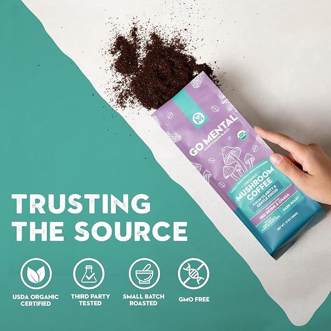 Organic Mushroom Decaffeinated Coffee Dark Roast Swiss Water Water Process Red Reishi &amp Chaga Decaf for Calm and Relaxed Focus Grade 1 Single Origin Peruvian 12oz - Ground (2 Pack)