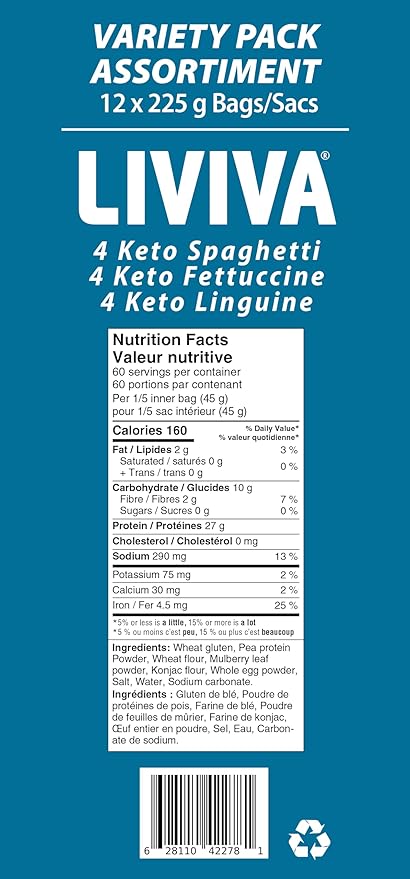 LIVIVA High Protein Low Carb KETO Pasta Variety Value Pack (Case of 12: 4 X Linguine 4 X Spaghetti 4 X Fettuccine) 371% more Protein 70% Less Carbs - Made with Pea Protein Mulberry Leaf and