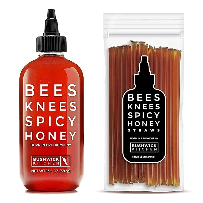 Bees Knees Spicy Honey Sauce + Sticks Set Wildflower Honey Mixed with Habanero Peppers 12.5 Ounce Bottle + 50 Sticks