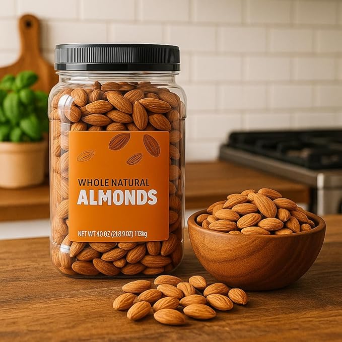 Almonds Nuts Whole Almond Raw Unsalted 40 oz Resealable Jar - Natural Protein Fiber Vitamin Mineral Energy Boost Heart Friendly - Work Travel Office - Baking Cooking Gifting