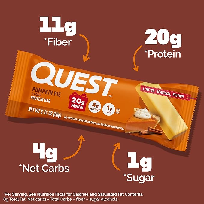 Quest Nutrition Pumpkin Pie Protein Bar 20g Protein 4g Net Carb 1g Sugar Gluten Free 12 Count