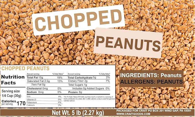 Chopped Peanuts Crushed Peanuts Unsalted Peanuts No Salt Chopped Nuts Ice Cream Toppings Dessert Toppings- 5 Pounds Resealable Bulk Bag