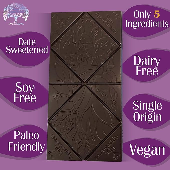 Bon Appesweet Date Sweetened Chocolate Bar - Sut Nut Berry Chocolate | 2.2 Ounce (Pack of 3) | Organic Zero Added Sugar 54% Cacao Plant Based Dairy Free and Guilt Free!