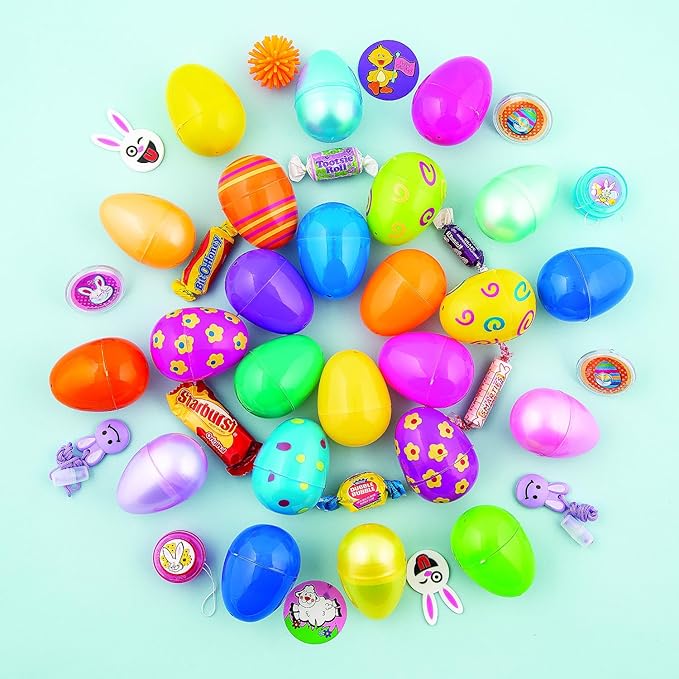 Fun Express Candy Filled Easter Eggs Bulk 24 Pack - Pre-Filled Plastic Eggs with Assorted Sweet Treats for Easter Egg Hunt | Colorful Spring Party Supplies for Kids &amp Family Celebrations