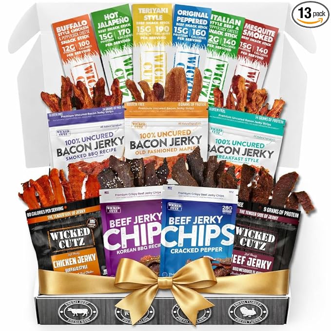 Wicked Cutz Jerky Gift Basket Includes Bacon Jerky Beef Jerky Meat Sticks and Beef Chips | Tender Easy to Chew USA Made High Protein Carnivore Snacks | Unique Gifts for Men (13 Pack)