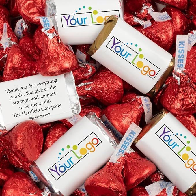 Personalized Candy Promotional Products Add Your Logo or Photo Party Favors 41 Custom Chocolate Miniatures and Approx. 90 Bulk Red Kisses (Approx. 131 Pcs)