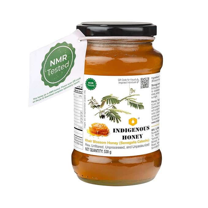 INDIGENOUS HONEY Khair Honey Raw Organic Natural Pure Unprocessed NMR Tested Unpasteurized Unheated 530g Glass Jar Pack of 1