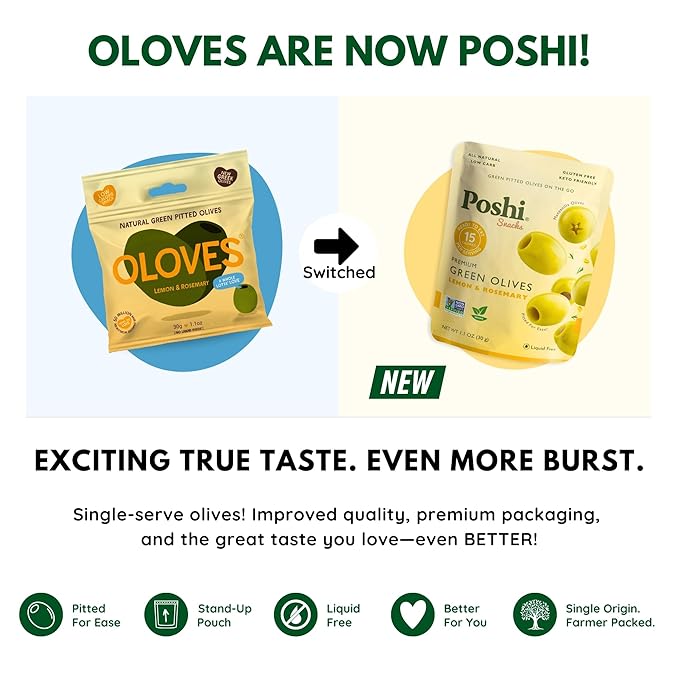 POSHI Green Pitted Olives - Lemon &amp Rosemary | Vegan Kosher Gluten Free + Keto Friendly Fresh All Natural Low Calorie Healthy Snacks | (30 Pack 1.1oz Bags)